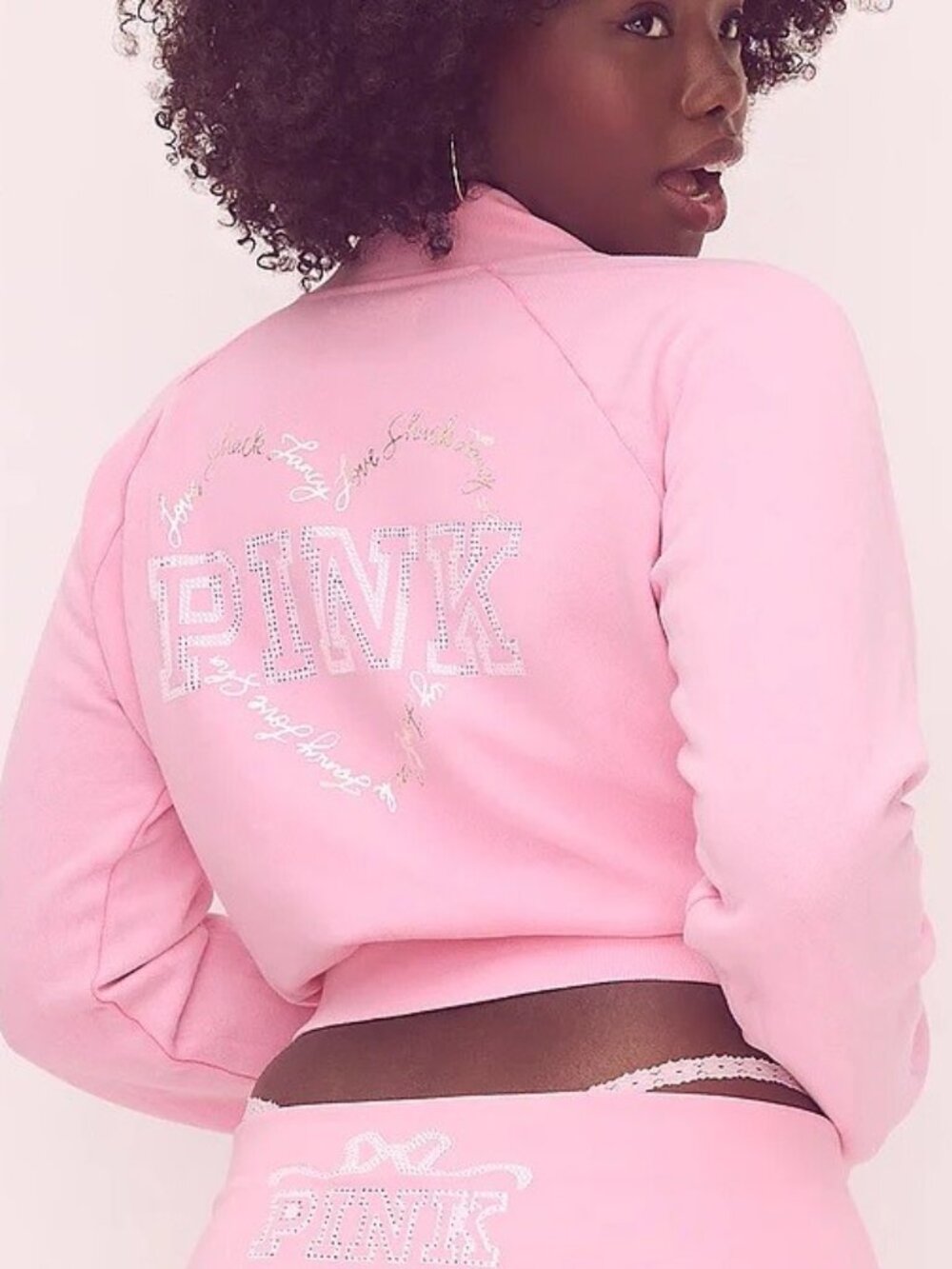 PINK x LoveShackFancy Full-Zip Sweatshirt Top Size LARGE Pink Lollipop